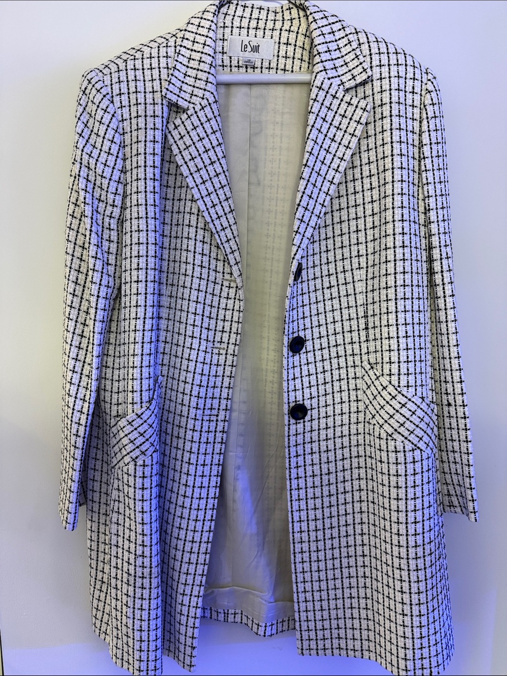 Le Suit White and Black Checked Long Blazer with matching skirt